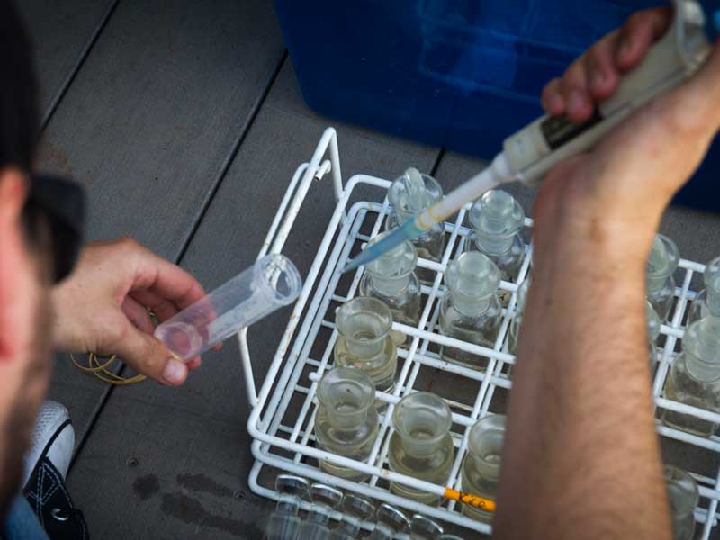 A student using a pipette to deposit measured liquid